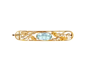 Złota broszka z akwmarynem ok. 5,13 ct i perełkami