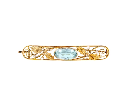 Złota broszka z akwamarynem ok. 5,13 ct i perełkami