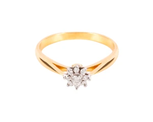 Złoty pierścionek z 9 diamentami, łącznie ok. 0,10 ct